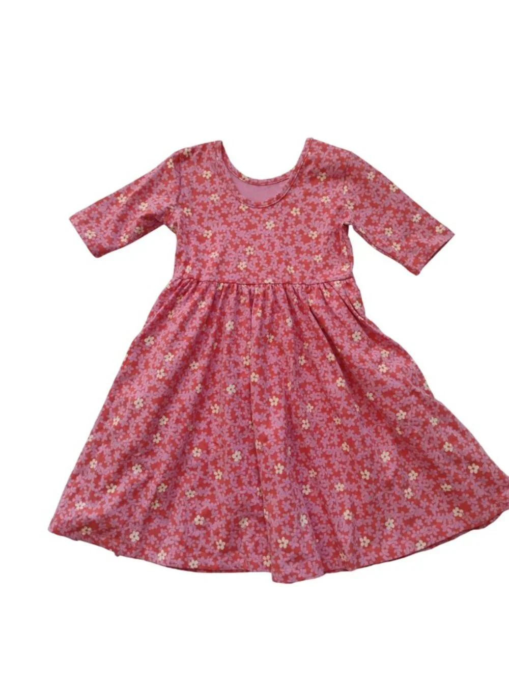 Hanna Andersson Skater Dress 6-7 Pink Floral Cotton Knit Fit n Flare w POCKETS
